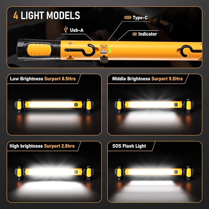 Work Light for Mechanic,3200LM LED Work Lights,5400mAh Rechargeable Magnetic Light bar,Portable Automotive Tools Underhood Light with Hooks for Car Garage Workshop Emergency,Gifts for Him, Yellow