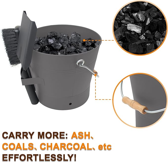 BRIAN & DANY Ash Bucket with Lid, 2.6 Gallon Fireplace Ash Bucket with Shovel and Hand Broom, Metal Bucket for Fireplace, Fire Pit, Wood Burning Stove, Gray