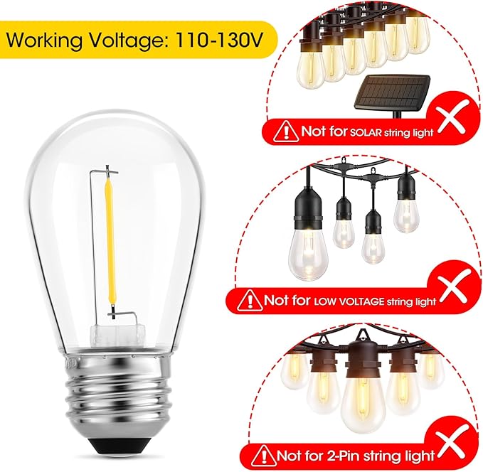 Meconard Outdoor Patio String Light Bulbs, Shatterproof Waterproof S14 LED Replacement Bulbs for Outdoor String Lights, 1W LED Bulbs Equal to 11W Incandescent, 2200K Warm White, E26 Base, Non-Dimmable