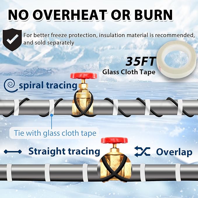 HEATIT 12ft Self-Regulating Pipe Heating Cable, Heat Tape for PVC Pipe Heater, Heat Trace Cable for Pipes, Thermostat control, Keeps Water Flowing at -40°F, ETL Listed, 120V 3W/FT