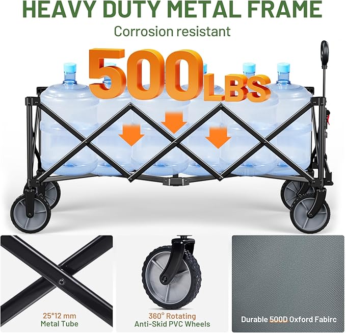 Timber Ridge 51.2'' Extended Collapsible Wagon Cart, 500LBS Heavy Duty Foldable Utility Wagon with Adjustable Handle, 400L Capacity Portable Cart with Cargo Net for Camping Sports Shopping-Grey