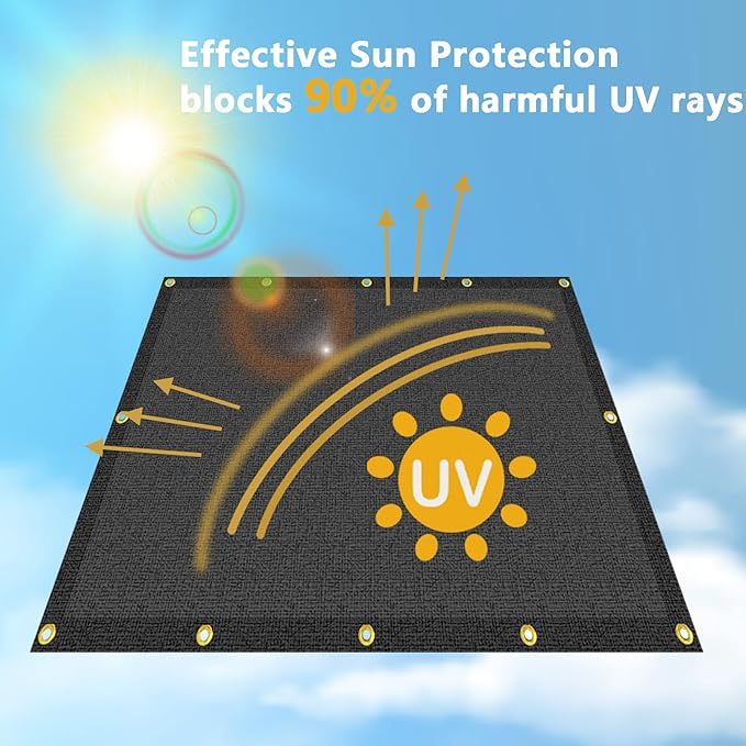 POYEE 90% 10ftx16ft Black Shade Cloth Taped Edge with Brass Grommets Garden Sun Shade UV Resistant Sunblock Shade Net for Outdoor Plants Vegetables Greenhouse