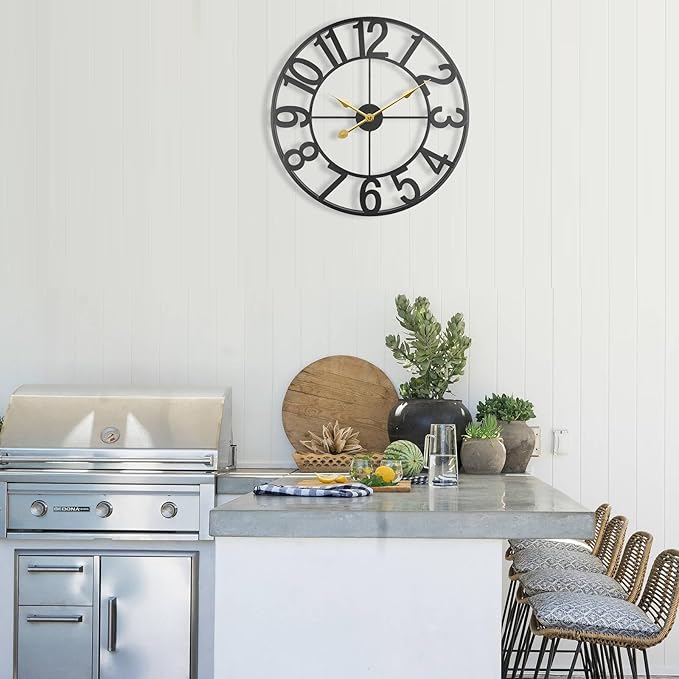 Large Outdoor Clock, Silent Non-Ticking Battery Operated Outdoor Wall Clock, Black Modern Metal Wall Clock for Patio, Porch, Pool Area, Kitchen, Bedroom, Living Room, Farmhouse Decor - 20 Inch