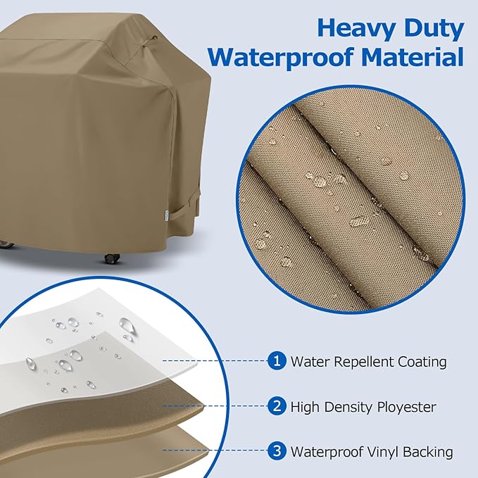 SunPatio BBQ Grill Cover for Outdoor Grill 65 Inch, Heavy Duty Waterproof Barbecue Cover with Sealed Seam, FadeStop All Weather Protection Compatible for Weber CharBroil Nexgrill and More, Taupe