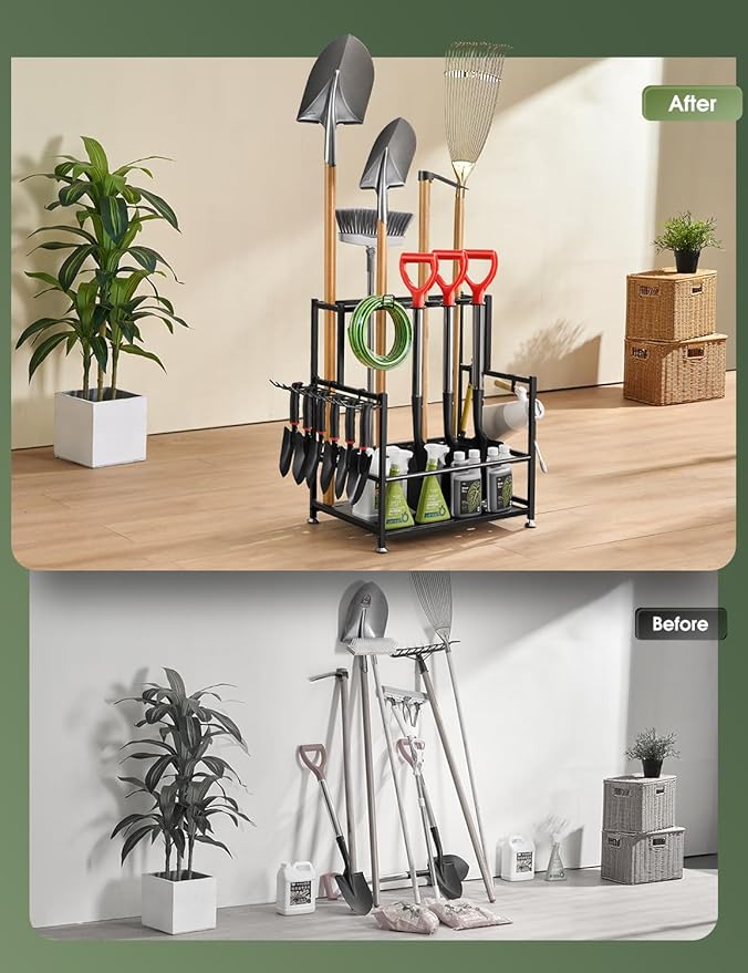 Garden Tool Organizer – Heavy-Duty Carbon Steel Storage Rack for Garage, Shed & Yard – Rust-Resistant, Holds 100+ lbs of Garden & Lawn Tools – Black