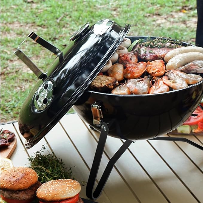 Charcoal Grill, CUSIMAX 14.5'' Portable BBQ Grill, Outdoor Mini Grill, Lid with Integrated Thermometer and Wooden Handle, Tabletop Grill for Camping Backyard and Anywhere Outdoor Cooking, Black