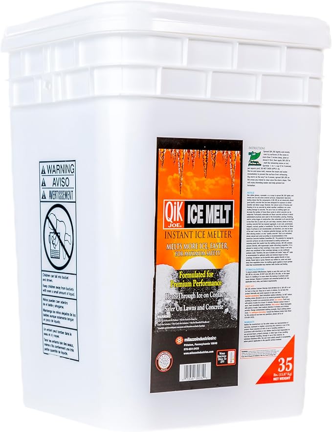 Qik Joe Calcium Chloride Ice Melt - Instant Snow and Ice Melt for Sidewalks, Driveways, Steps, and Parking Lots - Deicer for Concrete, Asphalt, and Other Surfaces - 35 Lbs
