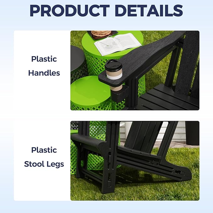 Adirondack Chair Set of 2, Plastic Adirondack Chairs, Outdoor Weather Resistant Lawn Furniture, Fire Pit Chair with Cup Holder for Garden Patio Without Screws Install, 400 LBS Capacity, Black