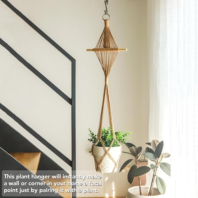 New Diamond Pattern Plant Hanger,2Pcs Handmade Macrame Plant Hangers Indoor with Wood Dowel,Large Crochet Boho Plant Hanger Holder for up to 10in Pot No Tassels (Caramel Wood Hanger)