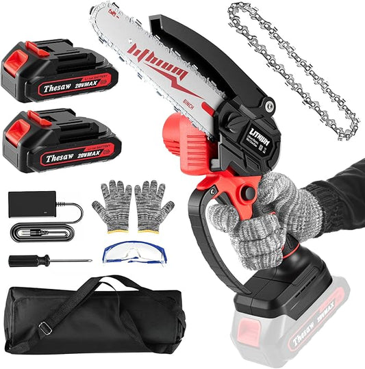 Mini Chainsaw Cordless 6 Inch, Handheld Electric Power Chain Saw with 2 Batteries, Portable Battery Powered Chainsaws for Tree Trimming Wood Cutting, Best Gifts for Dad, Husband,Women