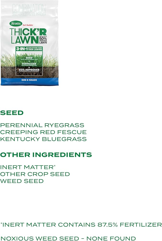 Scotts Turf Builder Thick'R Lawn Sun and Shade, Combination Seed, Fertilizer and Soil Improver, Thickens Thin Grass, 40 lbs.