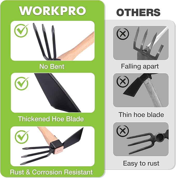 WORKPRO Hoe and Cultivator Garden Rake with 14" Wooden Handle, Sharp Hoe Blade & Sturdy 3 Claw Tiller, 2-in-1 Heavy Duty Gardening Hand Tools for Digging, Loosening Soil, Weeding, Cultivating