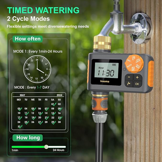 Digital Water Timer 1 Zone Brass Inlet & Outlet, Programmable Water Timer for Garden Hose, Automatic Control | Manual ON/Off | Rain Delay for Outdoor Faucet, Drip Irrigation and Lawn Watering System