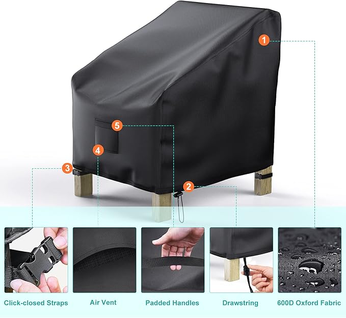 Patio Chair Covers for Outdoor Furniture Waterproof 2 Pack, Lawn Chair Covers 600D Heavy Duty Oxford Cloth, Large Covers for Lounge Lawn Deep Seat Black 38" W x 31" D x 29" H