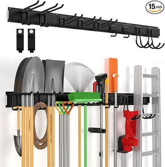 Wall Mount Tool Storage Rack, 15 PCS Heavy Duty Steel Yard Garden Tool Organizer, Garage Tool Organizer Wall Mounted Storage System Hold Up to 550lbs, with 2 Extension Cord