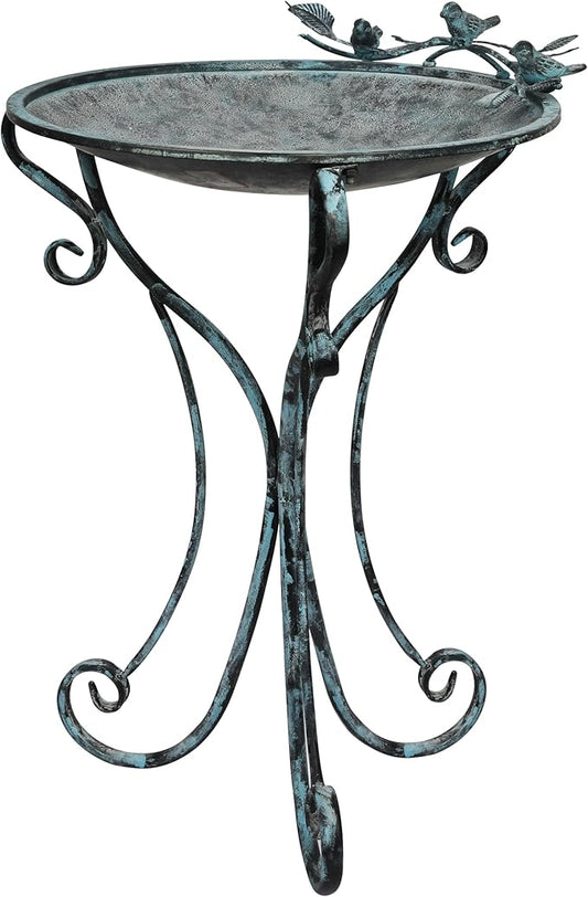 Solution4Patio 16.7" Metal Bird Bath with Perch - Rust-Resistant Outdoor Garden Decor, Shallow Wide Bowl & Foldable Stand for Birds/Plants