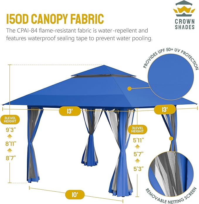 CROWN SHADES 13x13 Pop Up Gazebo, Canopy Tent, Gazebos on Clearance - Outdoor Gazebo for Backyard & Patio Furniture - Carpa Pop Up Tent with Wheeled STO-N-Go Cover Bag (Blue)