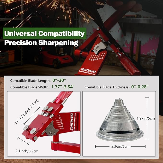 Upgraded Lawn Mower Blade Sharpener with Ball Bearing Manufacture Handle and 15°-45° Adjustable Frame for Straight and Standard Lawnmower Blades,Blade Sharpner Kit with Balancer, 5005, Red