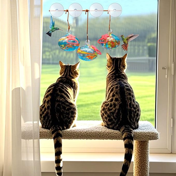 Window Hummingbird Feeder with Suction Cups,Hand-Blown Glass Hummingbird Feeders for Outdoors Window Mounted with Metal Hook,Close Bird Watching,Finch in Garden,Yard(Blue)