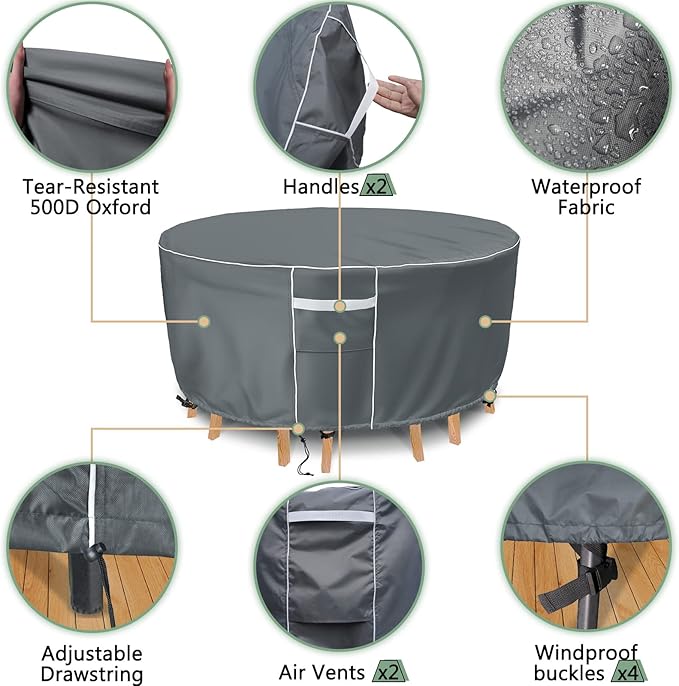 Gasadar Round Patio Furniture Covers Waterproof, Round Outdoor Furniture Cover for Patio Table and Chairs Set, Heavy Duty 600D, 84" Dia x 28" H, Grey