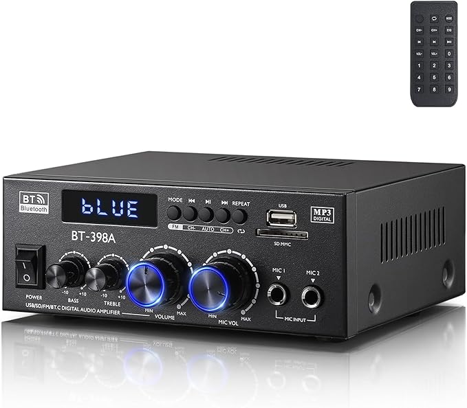 Facmogu BT-398A Stereo Digital Audio Amplifier, Max 450Wx2 HiFi Sound Audio Power Amplifier System, 2.0 Channel Receiver Amp for Home Theater Garage w/Fiber/Copper Jack, USB/SD/AUX/RCA/MIC in w/Echo