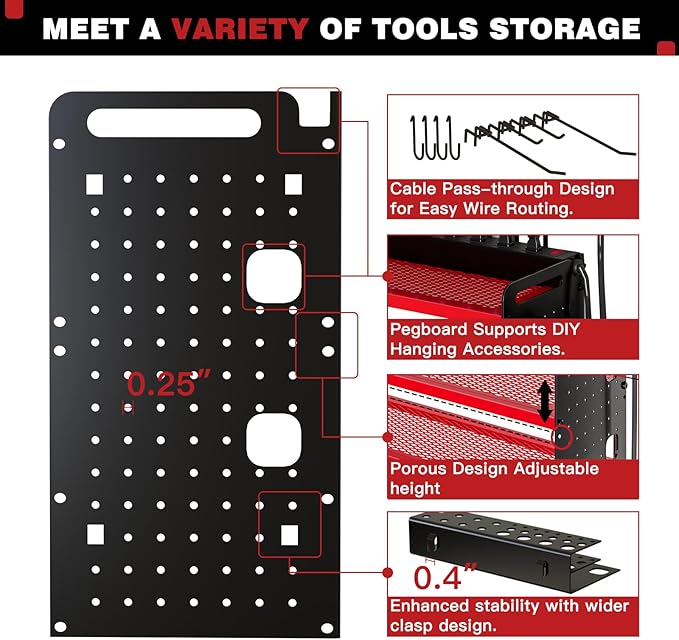 Power Tool Organizer Wall Mount with Charging Station,Cordless Tool Organizer 8 Drill Holder, 4 Layer Storage Rack for Garage Organization,Tool Holder with 8 Outlet Power Strip (Red)