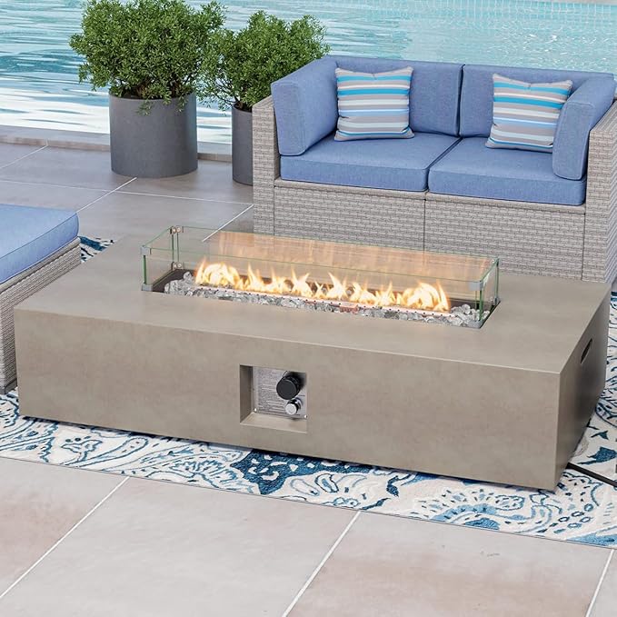 COSIEST Outdoor Propane Fire Pit Table, 56-inch x 28-inch Rectangle Gray Concrete-Like Finish, CSA Certified, 50,000 BTU Stainless Steel Burner w Transparent Gray Fire Glass, Wind Guard, Raincover
