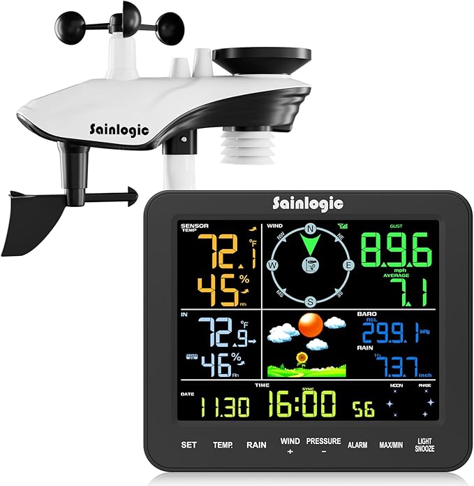 Sainlogic SA8 Home Weather Station with Rain Gauge and Wind Speed, Weather Stations Wireless Indoor Outdoor with Rain Gauge Outdoor, Forecast, Temperature, Humidity, Moon Phase, Alarm Clock(No WiFi)