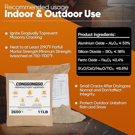 11 LBS Refractory Mortar, 2600°F High Temperature Mortar for Masonry -Fire Refractory Cement Patch for Fireplace Brick, Fire Pit, Kiln, Forge & Pizza Oven Repair- No Heat Cure, Air Set Formula
