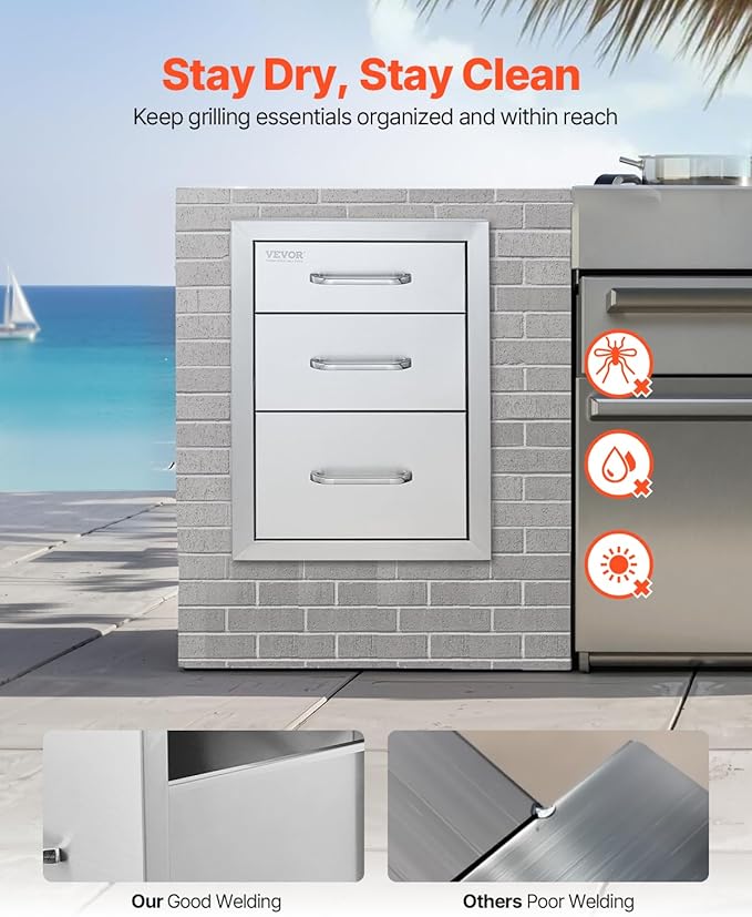 VEVOR 14x20.3 Inch Outdoor Kitchen Drawers Stainless Steel, Flush Mount Triple Drawer, 14W x 20.3H x 23D Inch, with Stainless Steel Handle, BBQ Drawers for Outdoor Kitchens or BBQ Island