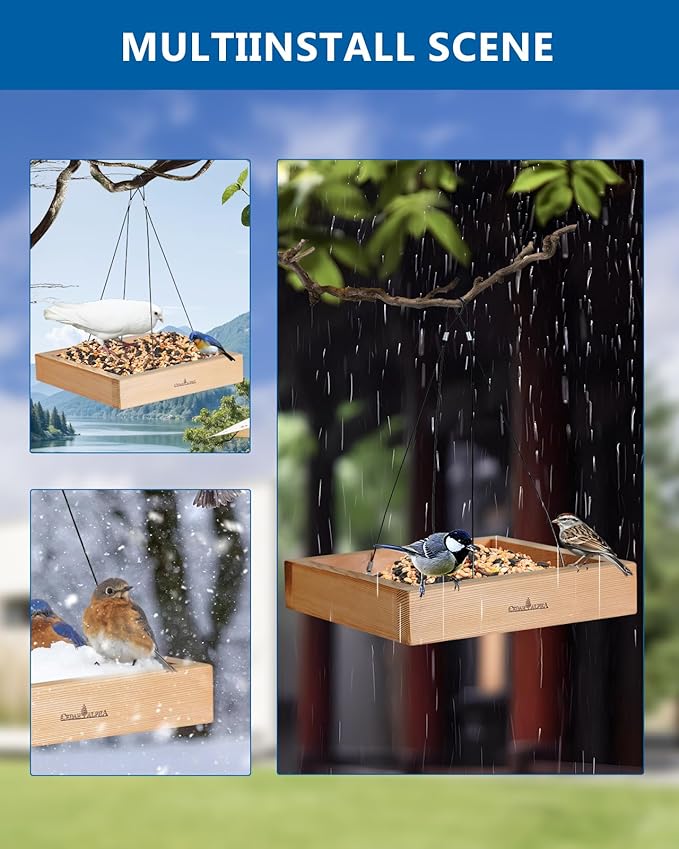 Wood Platform Tray Bird Feeder 10” - Alaskan Red Cedar Hanging Bird Feeder for Outside Outdoor - Stainless Steel Cable Mesh Base - Longtime Outdoor Lasting Weatherable Heavy Duty Flythrough Birdfeeder