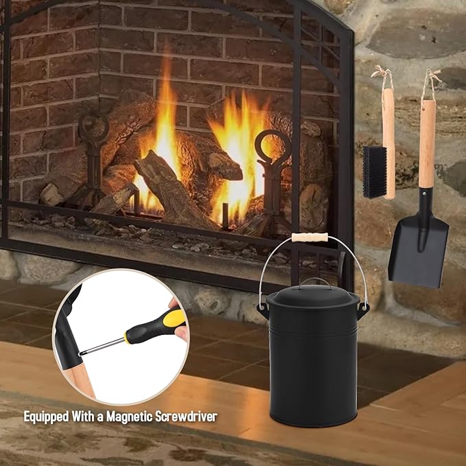 FEED GARDEN 2.5 Gallon Ash Bucket with Lid,Shovel,Broom and Screwdriver,Bucket Ash Can for Fireplace Fire Pits,Wood Stoves,Fireplace Galvanized Iron Bucket,Pellet Charcoal,Indoor Outdoor,Black
