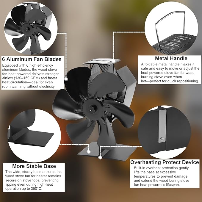 Wood Stove Fan Heat Powered, 6-Blade Thermoelectric Non-Electric Silent Operation Aluminum Fireplace Fan With Bracket Fixed On Propane Heater For Pellet Stoves Camping/Picnics/Indoor/Outdoor Black