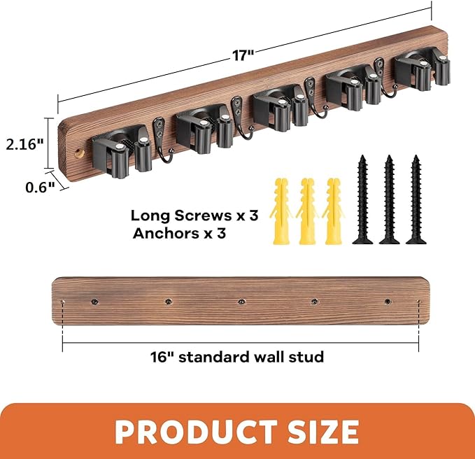 IMILLET Broom Holder Wall Mount, Rustic Wood Broom Hanger with 5 Racks and 4 Hooks, Laundry Room Organization and Storage, Mop Holder for Home Decor, Garden, Garage, Kitchen, Closet
