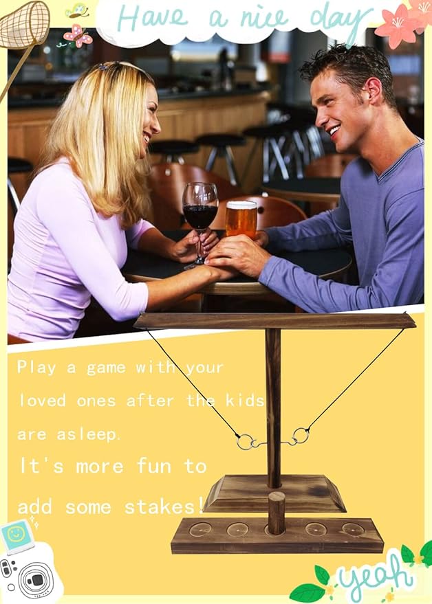 Wooden Ring Toss Game - Classic 2-Peg Tossing Set | Handmade Halloween Games & Thanksgiving Entertainment for Adults, White Elephant Gift Exchange, Portable Family Fun for Backyards & Parties