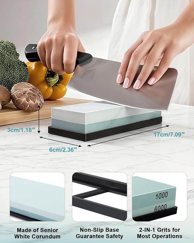 1000/6000 Grit knife Sharpening Stone Dual Sided Whetstone with Non-Slip Rubber Base, Premium knife Sharpener for Kitchen, Hunting, Pocket Knives and Blades