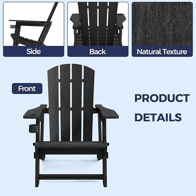 Adirondack Chair Set of 2, Plastic Adirondack Chairs, Outdoor Weather Resistant Lawn Furniture, Fire Pit Chair with Cup Holder for Garden Patio Without Screws Install, 400 LBS Capacity, Black