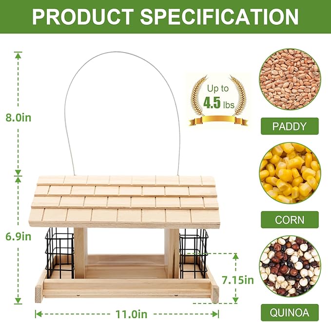 Wood Bird Feeders for Outdoors - Large with 2 Suet Cages, Waterproof for Garden Decoration