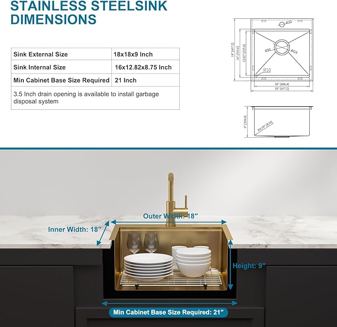 Gold Bar Sink With Faucet Drop In Bar Sinks 18 Inch Stainless Steel Indoor Outdoor Kitchen Workstation16 Gauge Single Bowl Small Sinks With Pull-out Faucet 18"x18"x9"