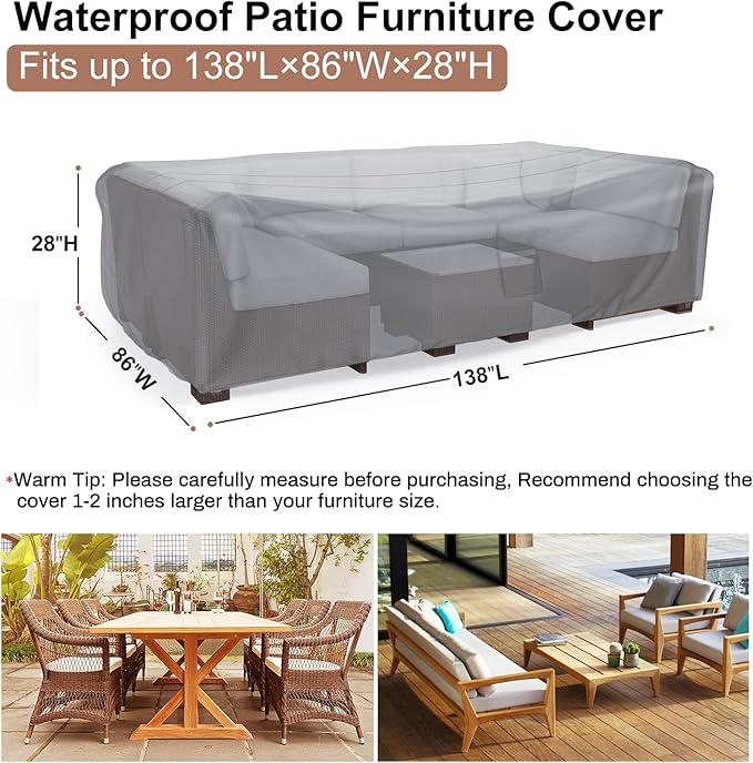 Mrrihand Heavy Duty Patio Furniture Covers, Outdoor Furniture Covers Waterproof Sectional Sofa Set, Patio Table and Chair Set Cover 138" L×86" W×28" H,Grey