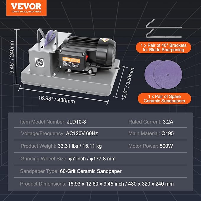 VEVOR Lawn Mower Blade Sharpener - 2/3HP 500W Grinder with 7-inch Ceramic Wheel, Sharpens High/Low Lift, Gator & Flat Blades