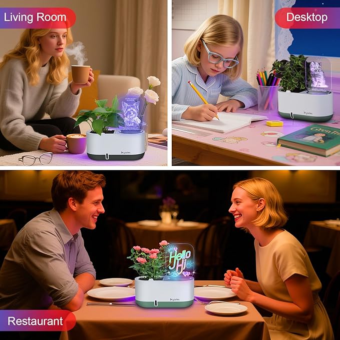 Self-Watering Plant Pot with LED Note Board & 7 Colors Pen Acrylic Message Board with Light Acrylic Dry Erase Board, Led Cat Board Night Light with Planting Pot for Room/Store/Office (No Plant&Seed)