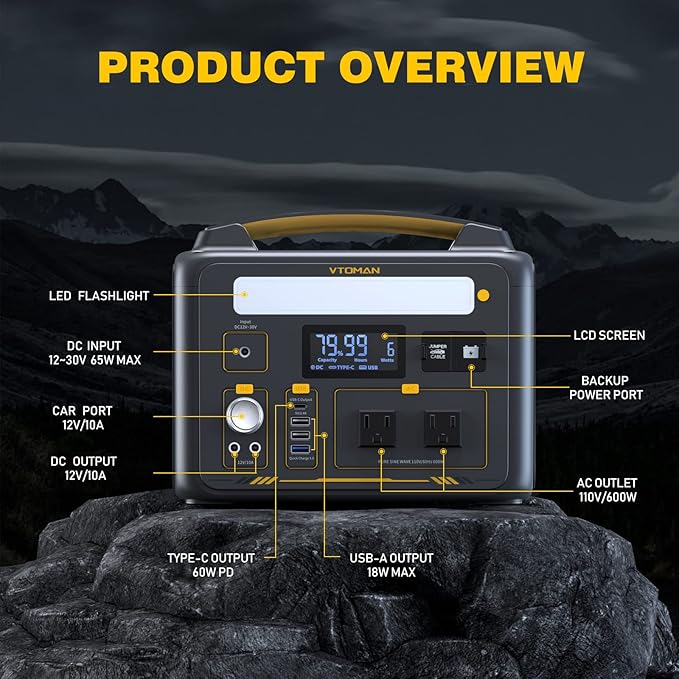 VTOMAN Jump 600X Portable Power Station with 110W Solar Panel, 600W/299Wh LiFePO4 Battery Solar Generator with 600W Constant-Power, PD 60W Type-C, Capacity Expandable 939Wh for Camping, Home Backup