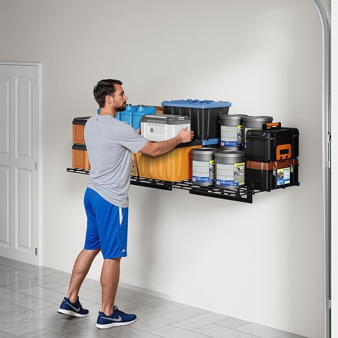 FLEXIMOUNTS 2x4ft Garage Shelving Wall-Mounted, 1-Pack Heavy-Duty Wall Shelving, Holds Up to 200 lbs, Garage Storage Rack for Organization & Storage Bins, Black