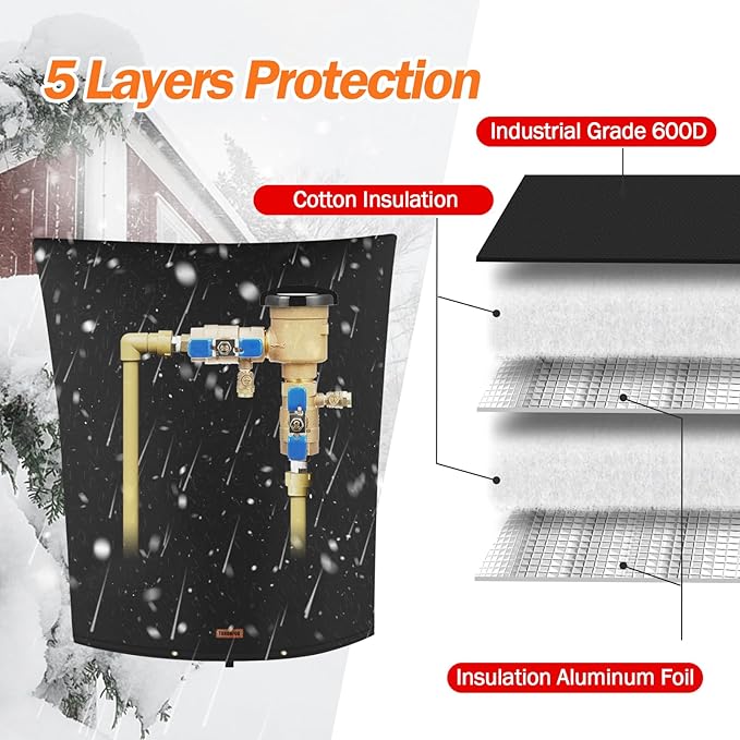 Backflow Preventer Pipe Insulation Cover (5°F) - Irrigation Sprinkler Valve Insulated Pouch - Water Well Pump Cover - Sturdy 5 Layers for Winter Freeze Protection, 18" W x 24" H, Black