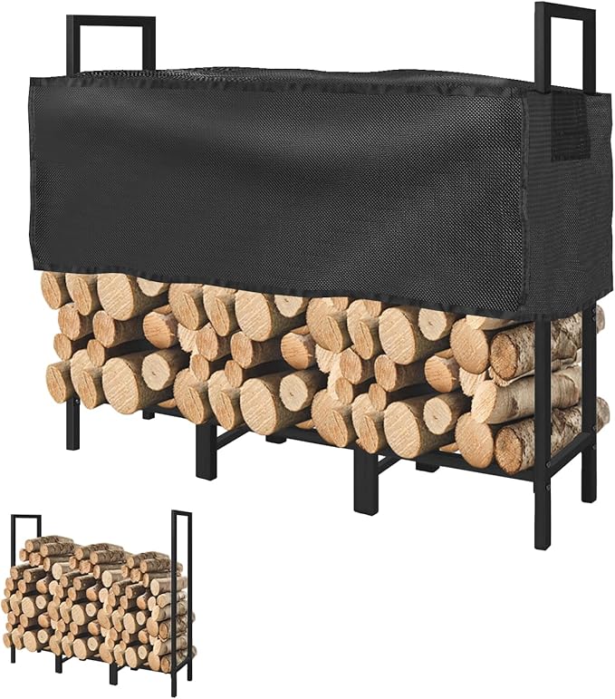 KYATE 4ft Firewood Rack Outdoor with Adjustable Cover Fireplace Wood Storage Indoor Heavy Logs Stand Stacker Holder Strong Lumber Racks Outside for Courtyard Patio
