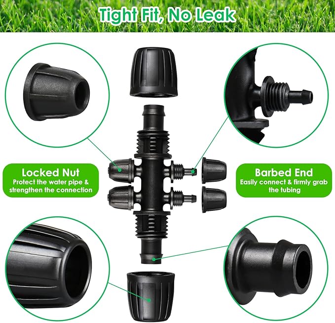 JAYEE Drip Irrigation Fittings Kit for 1/2 Inch Tubing, 22 Pcs Drip Line Parts Locked Nut for Sprinkler System - 3 Tee, 3 Coupling, 3 Elbow, 3 End Closure Plug, 2 Switch Valve, 8 Reducing Connectors