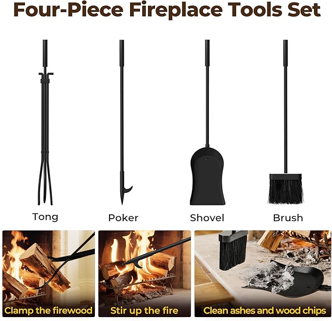 AMAGABELI GARDEN & HOME Firewood Rack Indoor with Tools 5-Piece Fireplace Tools Set Wood Holder Outdoor Wrought Iron Log Holder Heavy Duty Firewood Storage Rack for Fireplace,Fire Pit,Wood Stove Black