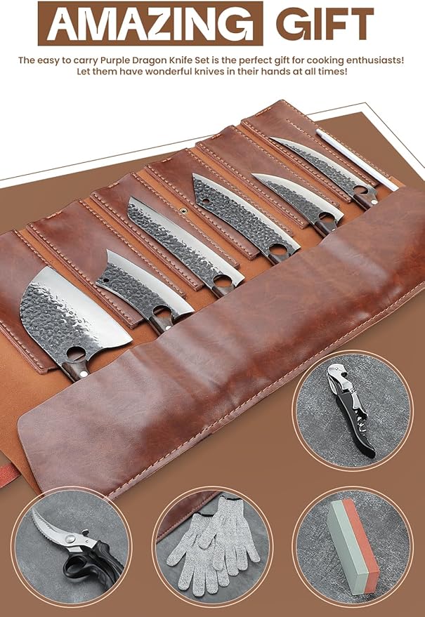 Purple Dragon Butcher Knife Set, 12 Pcs Kitchen Knives Set - Hand Forged Serbian Meat Cleaver Boning Viking Knives, Knives Set with Roll Bag for Home Cooking BBQ, Gifts for Dad Fathers