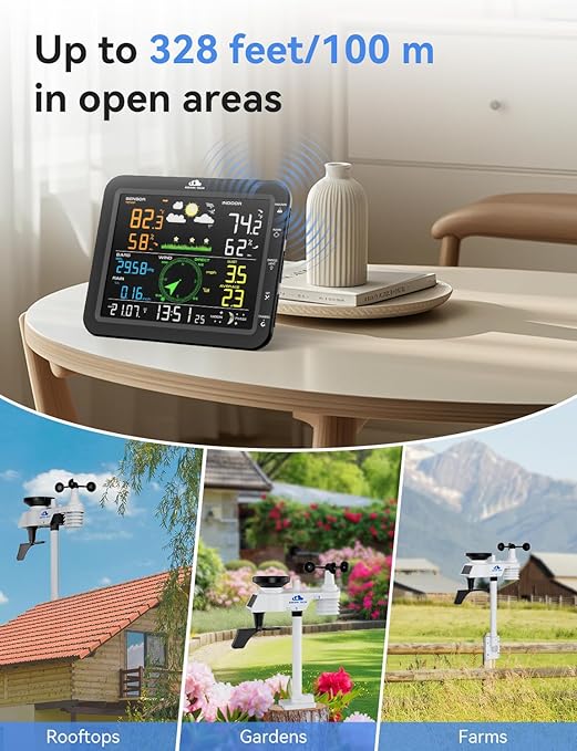 10-in-1 Wireless Weather Station with Outdoor Wireless Sensor,Radio Controlled Clock,Rain Gauge,Wind Speed/Direction,Moon Phase, Barometer,Temperature/Humidity,Weather Forecast (NO WiFi)